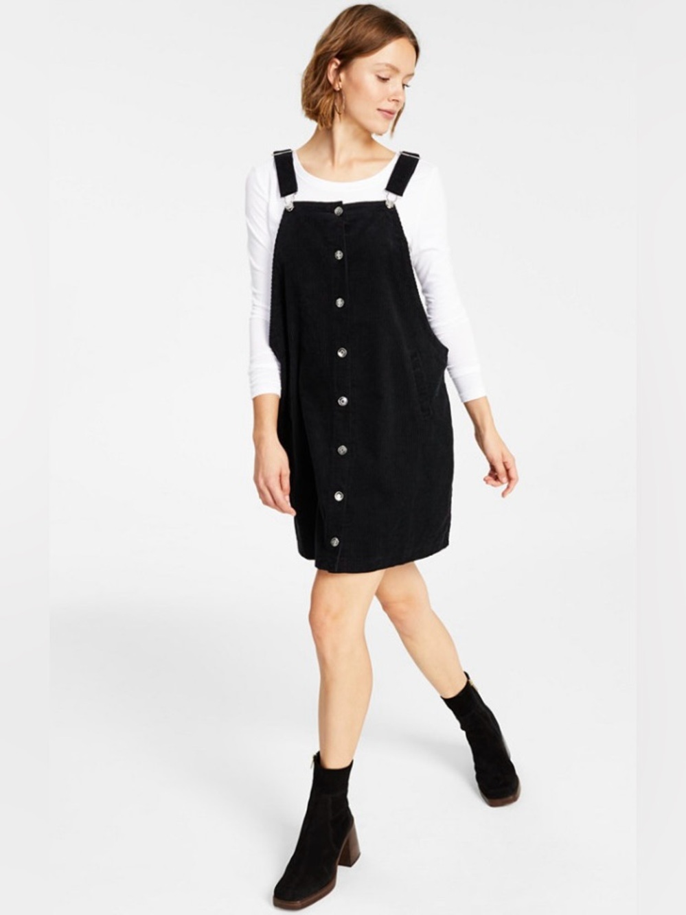 NWT Celebrity Pink Junior’s Cotton Button-Front Black Corduroy Pinafore Dress
